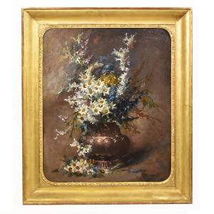 QUADRI ANTICHI, NATURA MORTA CON FIORI, VASO DI MARGHERITE, OLIO SU TELA, DELL 800. (QF393)